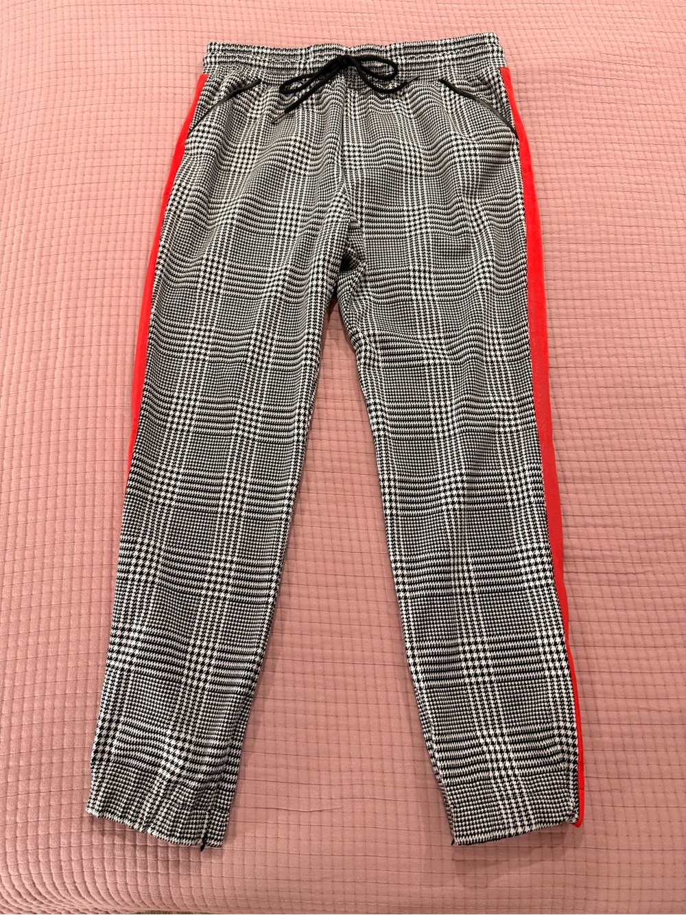 David Lerner Black & White Glen Plaid Joggers with Red Side Stripe